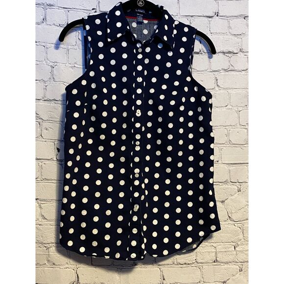 CHAPS Women's No Iron Sleeveless Button Front Blouse Navy Blue and White Size M - Picture 1 of 7